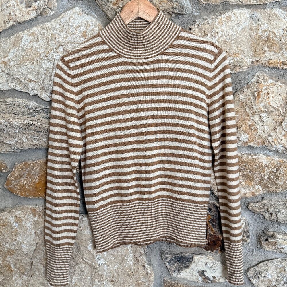 Womens Mock Turtleneck Silk Angora Lightweight Striped Sweater Tan & Cream sz S